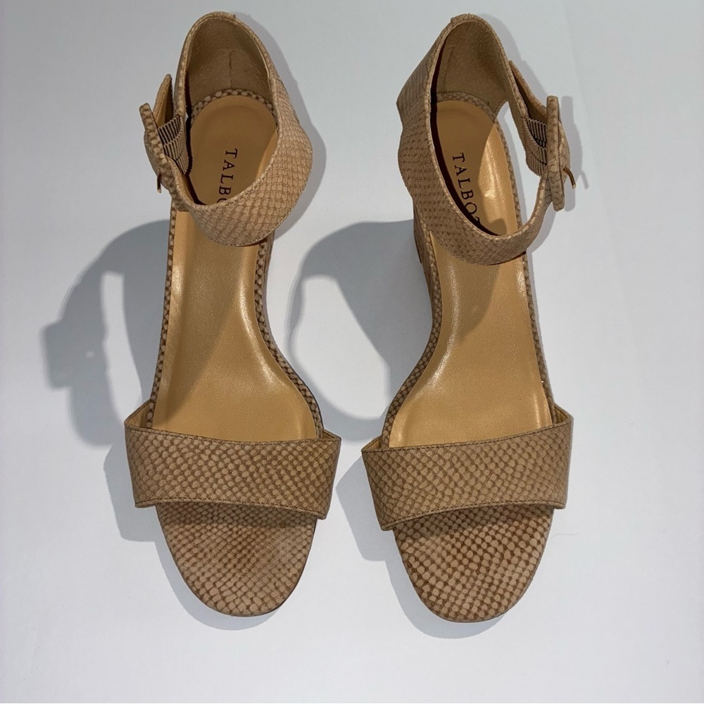 Talbots Shay Tan Taupe Faux Snakeskin Open Toe Wedge Cork Sandal Size 11 M